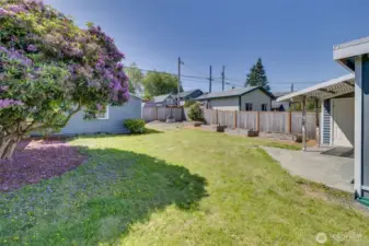 Yard looking back toward 2-car garage, raised garden beds, and access to alley.  Fully fenced front and back yards.