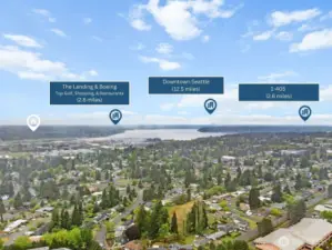 Aerial view highlights the home's central location within a vibrant residential neighborhood. Clear markers show proximity to schools, shopping, and dining.