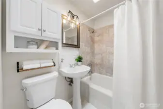 The main hall bathroom includes a pedestal sink, built-in storage, and a full tub with a marble-look surround. A skylight above the shower adds natural light to the clean, functional design.