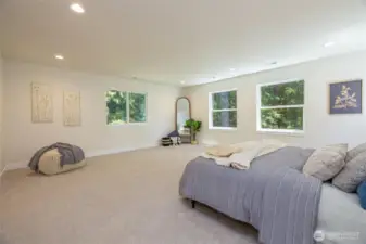 Massive primary bedroom with forest views.