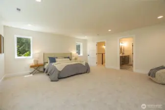Massive primary bedroom with forest views.