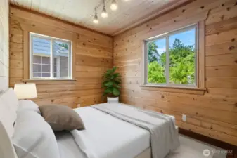 Main Level Bedroom - Radiant Flooring and Cozy Cedar - Virtually staged to show the possibilities!