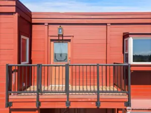 Upstairs balcony off the primary bedroom - room for table and chairs - umbrella and coffee as you take in the views - Just steps to Green Lake with views for days! Mt. Rainier, Green Lake & Seattle!
