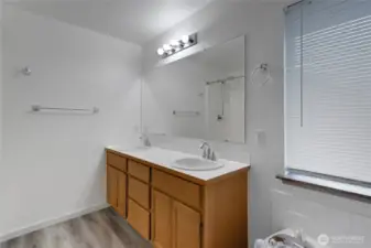 Primary bathroom with soaking tub and double vanity; separate shower not shown.