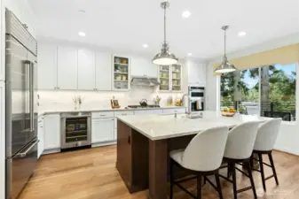 Beverage fridge, undercabinet lighting, pull out drawers in cabinets.