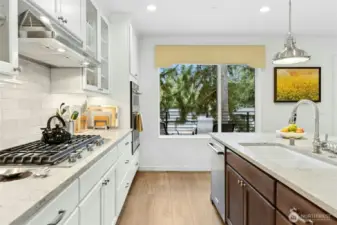 Everything a chef needs and wants - gas range, wall oven, built in microwave, deep double sinks.