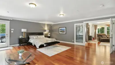 The primary bedroom is located off the family room.