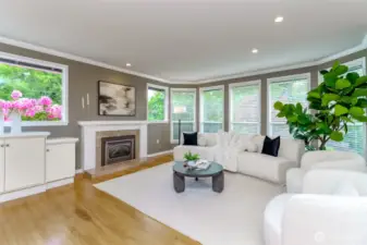 Gas fireplace and expansive windows. Additional storage