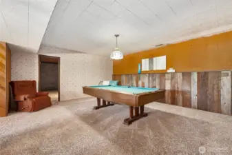 Whether you’re hosting or just hiding out, this lower-level layout knows how to work. The vintage light fixture above the pool table brings just the right amount of character to this flexible lower-level hangout.