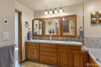 Double sinks with a generous sized vanity to store all your bathroom necessities.