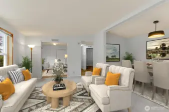 VIRTUALLY STAGED - Living Room opens to Dining Room and  the Den/3rd Bedroom