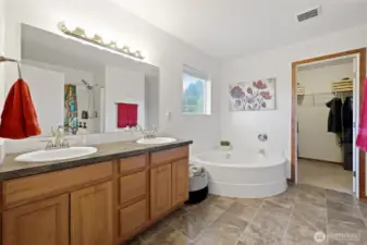 This generous, 5-piece bathroom offers large garden tub, double vanity, and shower (seen in mirror).