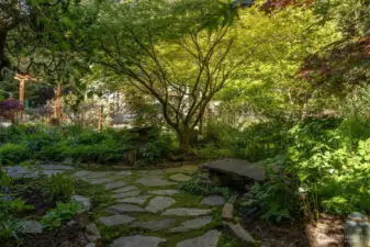 Looking across this amazing garden with a small bench to take in its beauty!