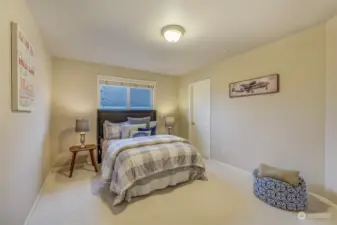 Well-sized secondary bedroom with plush carpeting and a large window, perfect for guests or family members.