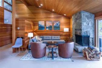 The stones from the fireplace are from Mt. Baker, the cedar paneling locally milled.