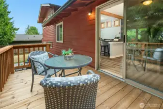 Peaceful deck and fully fenced backyard surrounded by nature