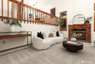 Front ceramic tile entry opens to living room with soaring ceilings.