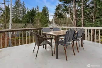 Rear deck off kitchen overlooks private back yard & gardens.