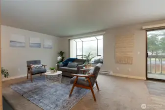 Picture window and sliding glass doors with views