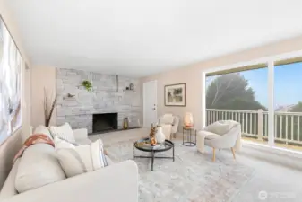 Stone-accented fireplace adds warmth and character to the space