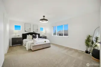 Primary bedroom with ceiling fan and lots of natural light
