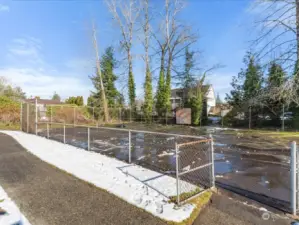 Sports court/basketball hoop. Also used for off leash