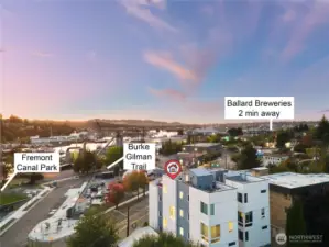 Directly across street from Fremont Canal Park & Burke Gilman Trail. Conveniently located steps from Fremont's 36th Street retail core, and a 1-3 min drive from Leary Way's breweries & restaurants