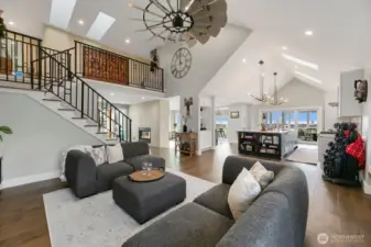 Oversized wood ceiling fan in the family room.