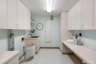 Large utility space with plenty of storage, built in ironing board, and utility sink.