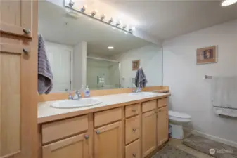 Primary bath has dual sinks, large step-in shower and spacious walk-in closet