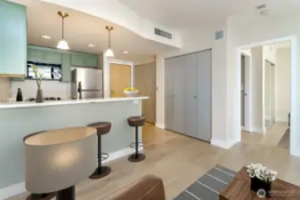 Kitchen bar stools, dining area - Image is virtually staged.