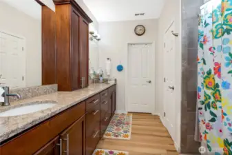 Enormous primary bathroom with private throne room (updated to a Japanese style toilet), abundant cabinet and counter space, plus a luxurious, jetted walk-in tub with nice rain-head shower.