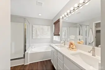 Dual sinks a soaking tub and walk in shower