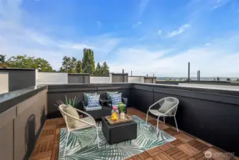 Roof deck where you can enjoy a view of the Pugel Sound and the Olympic Mountains.