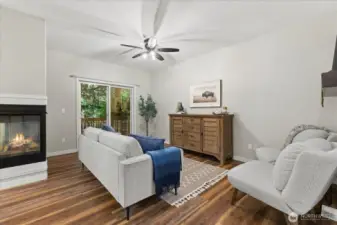 Living room with slider to backyard and gas fireplace