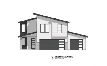 This is what modern new construction in Cove West is going to look like! Architectural rendering of the front elevation for this modern new construction by Del Rancho Custom Homes LLC in Cove West. Clean lines, black and white exterior palette, and stone accents create a striking contemporary design. Pre-sale opportunity allows buyers to personalize select finishes.