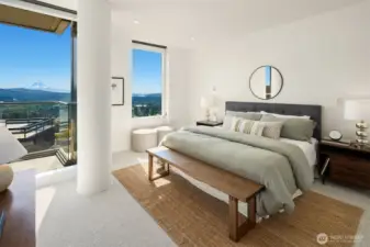 South facing serene primary suite with views of Mt. Rainier and distant Lake Washington.
