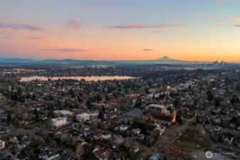 Panoramic aerial perspective highlighting the home's proximity to amenities like the local favorite Green Lake!