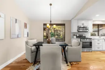 The dining area is nicely placed in between the living room and kitchen to deliver seamless transition for cooking or entertaining.