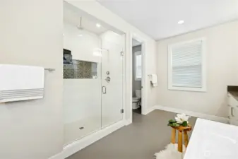 A closer look at the primary bath showcases the spacious glass-enclosed shower with contemporary tile surround and refined finishes. The thoughtfully designed layout, including a private water closet and expansive floor space, enhances both comfort and everyday functionality.