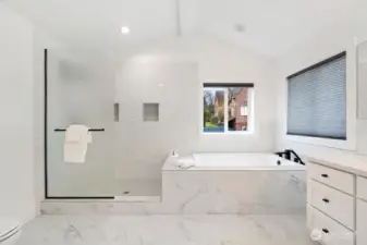 Spacious shower and double vanity and sinks