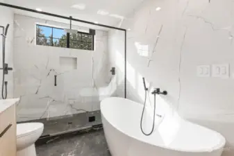 Huge Luxury Shower with Stone Floor, Handheld, Rain Head and Built-In Shelf