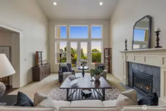 Living room with gas insert and some Puget Sound view.