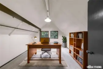 Upstairs has been virtually staged three different ways (family room, office, or primary bedroom)
