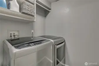 The utiliy room is equipped with a full sized washer and dryer plus storage!