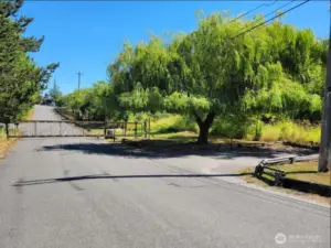 The gate is operated by a remote and a keypad next to the tree. The long private road offers additional parking too, even though there is one covered parking space for each unit and plenty of uncovered parking next to the building.