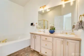 Private bath with soaking tub.
