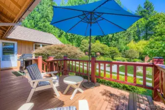 Deck overlooks amazing vegetable garden and chicken coop
