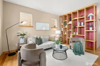 Built-in bookshelves in living room.