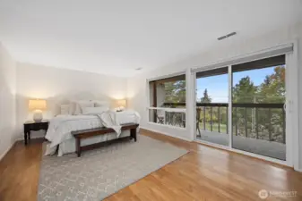 The bedrooms are on the lower level and the primary suite opens to the lower deck that looks to the bay and Boulevard Park.